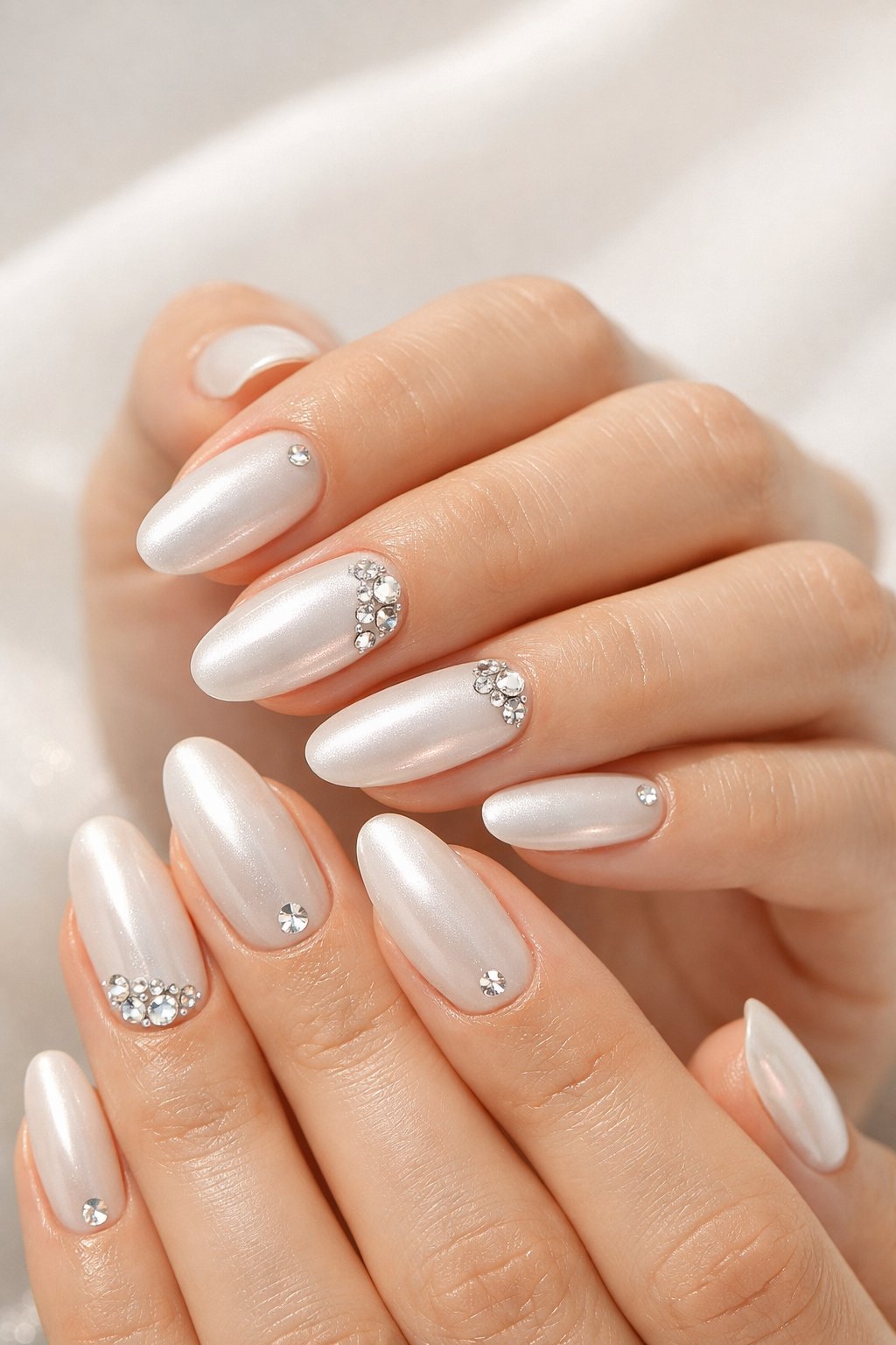 Close-up of hands with pearl white nails decorated with rhinestones.