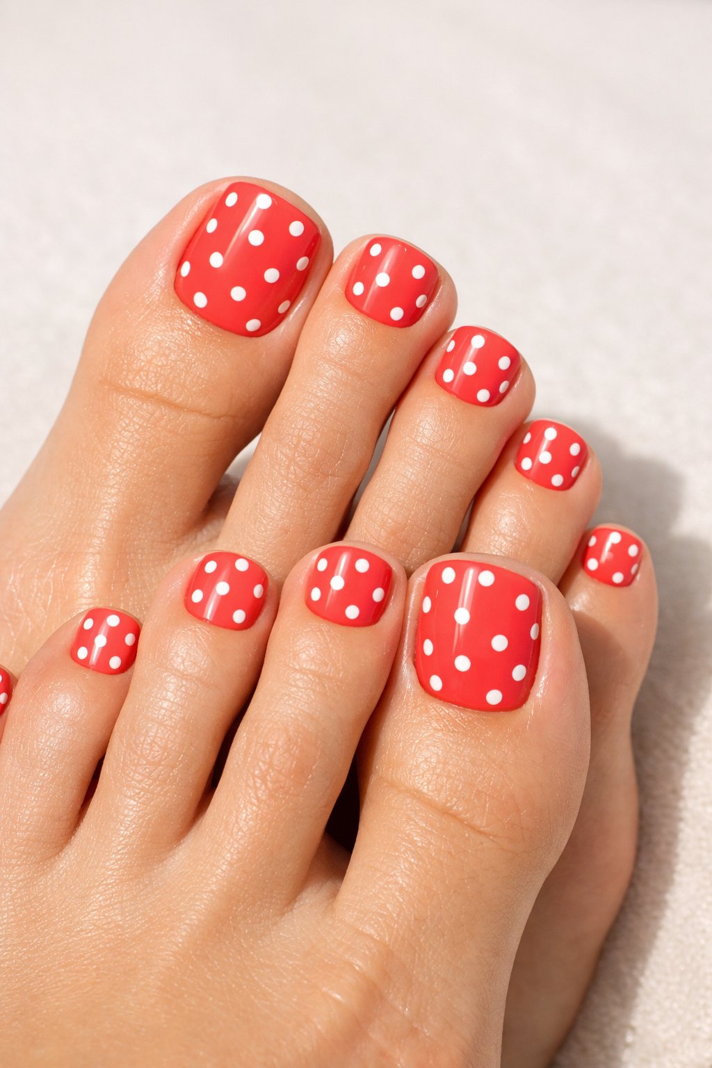 Close-up of feet with bright coral toenails decorated with white polka dots.