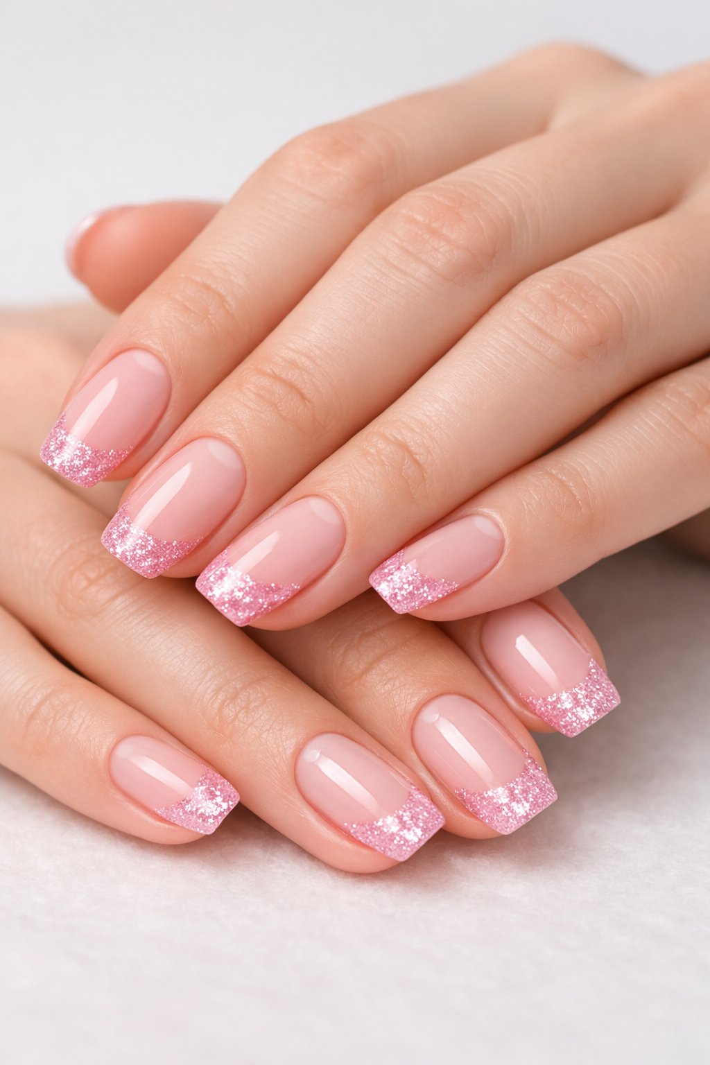 Close-up of hands with neatly manicured nails featuring pink glitter tips.
