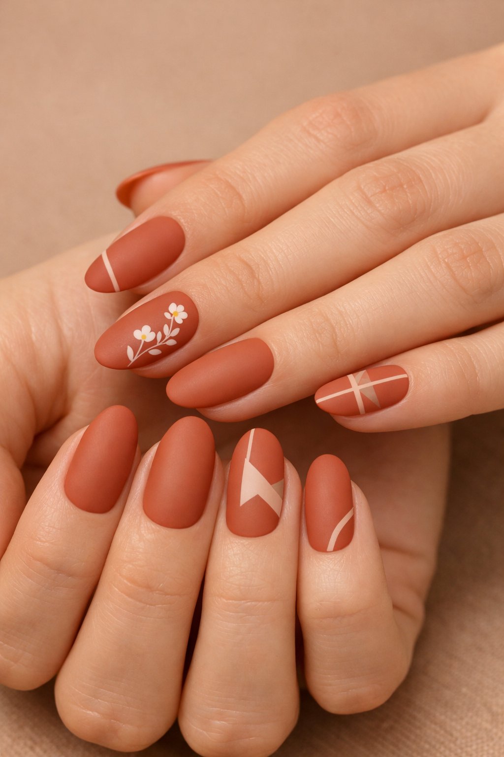 Close-up of hands with nails painted in earthy terracotta matte finish, showing various elegant nail designs.