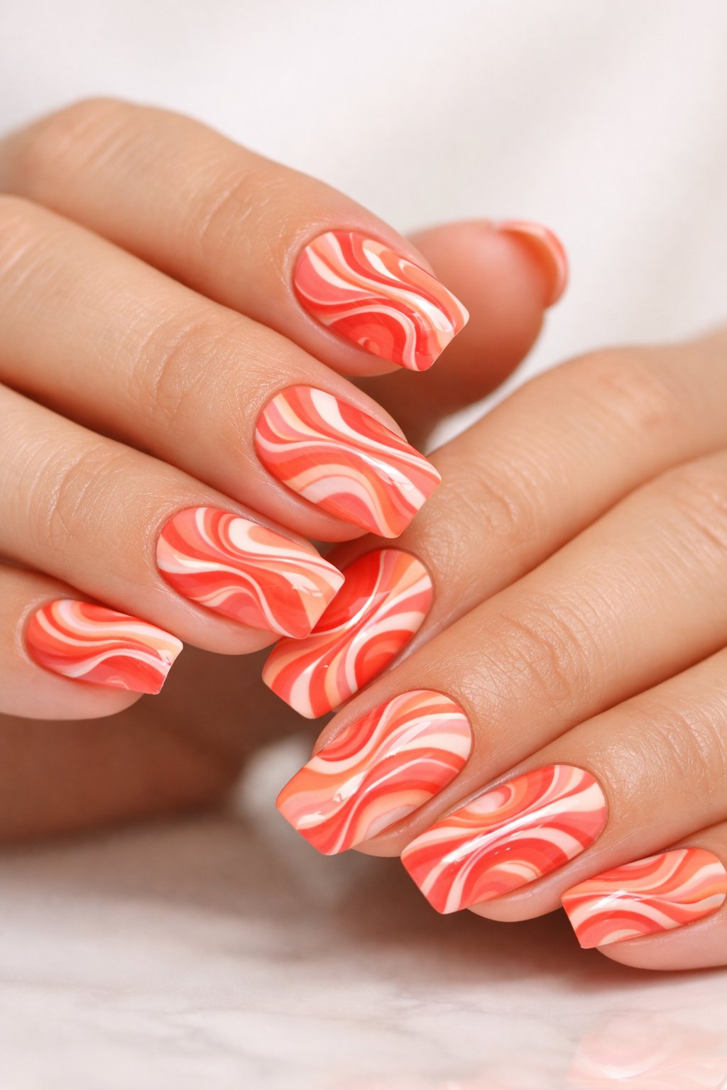 Close-up of hands with coral swirl nail art patterns on manicured nails.