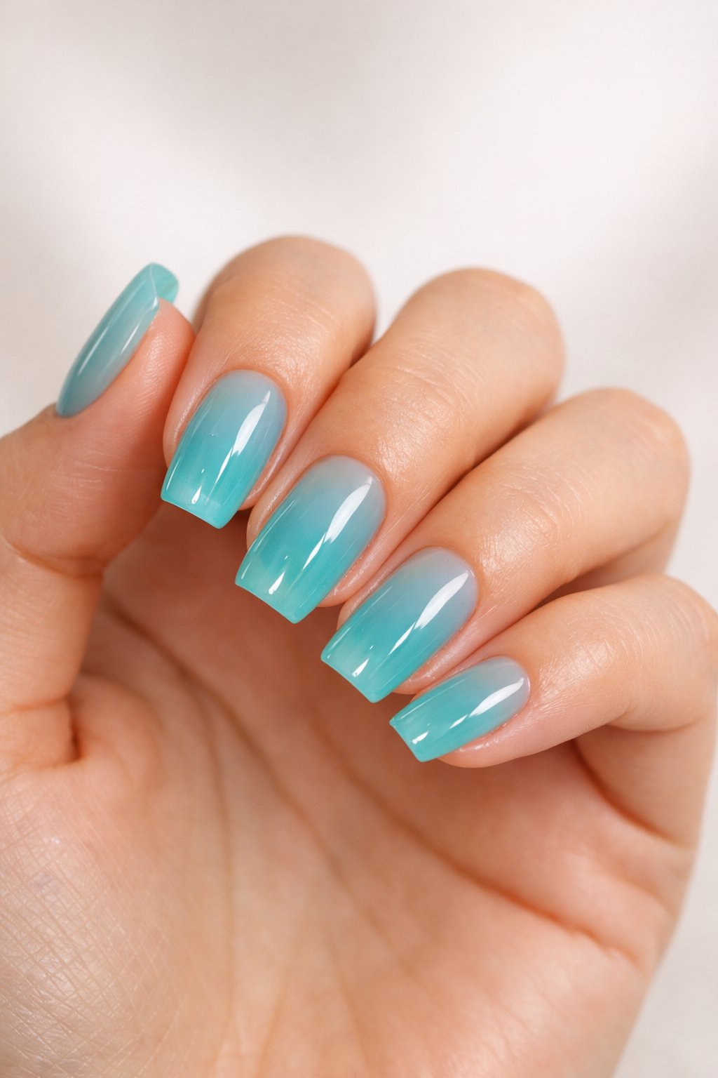 Close-up of a hand with translucent aqua jelly nails against a neutral background.