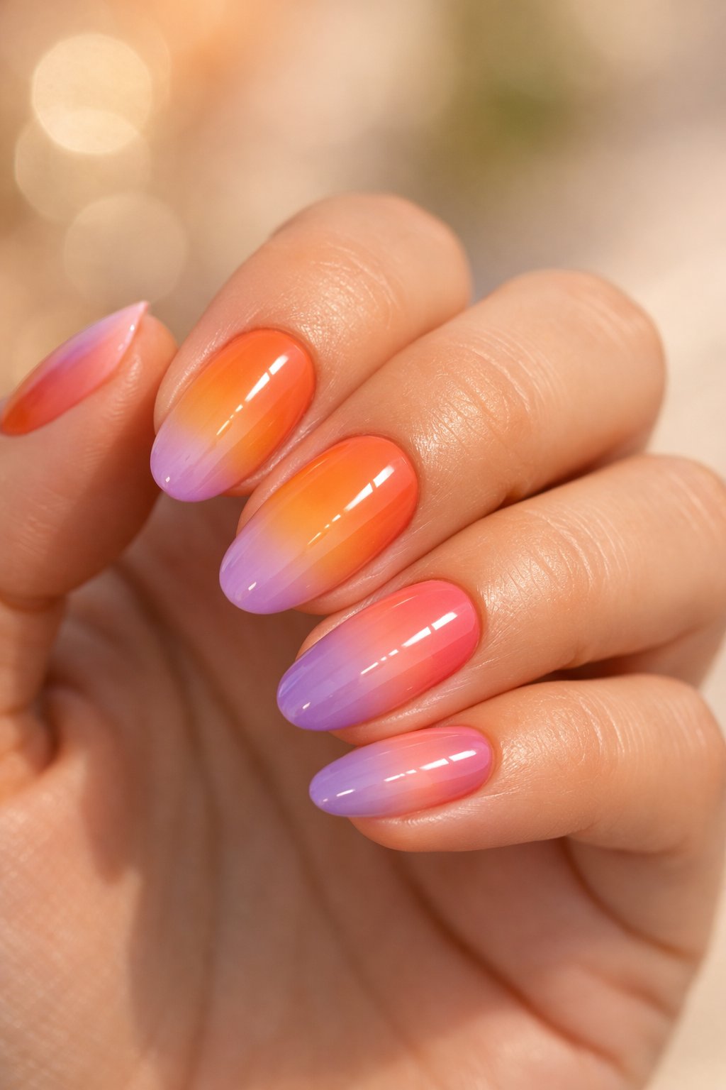 Close-up of a hand with nails painted in a gradient from orange to lavender against a softly blurred warm background.