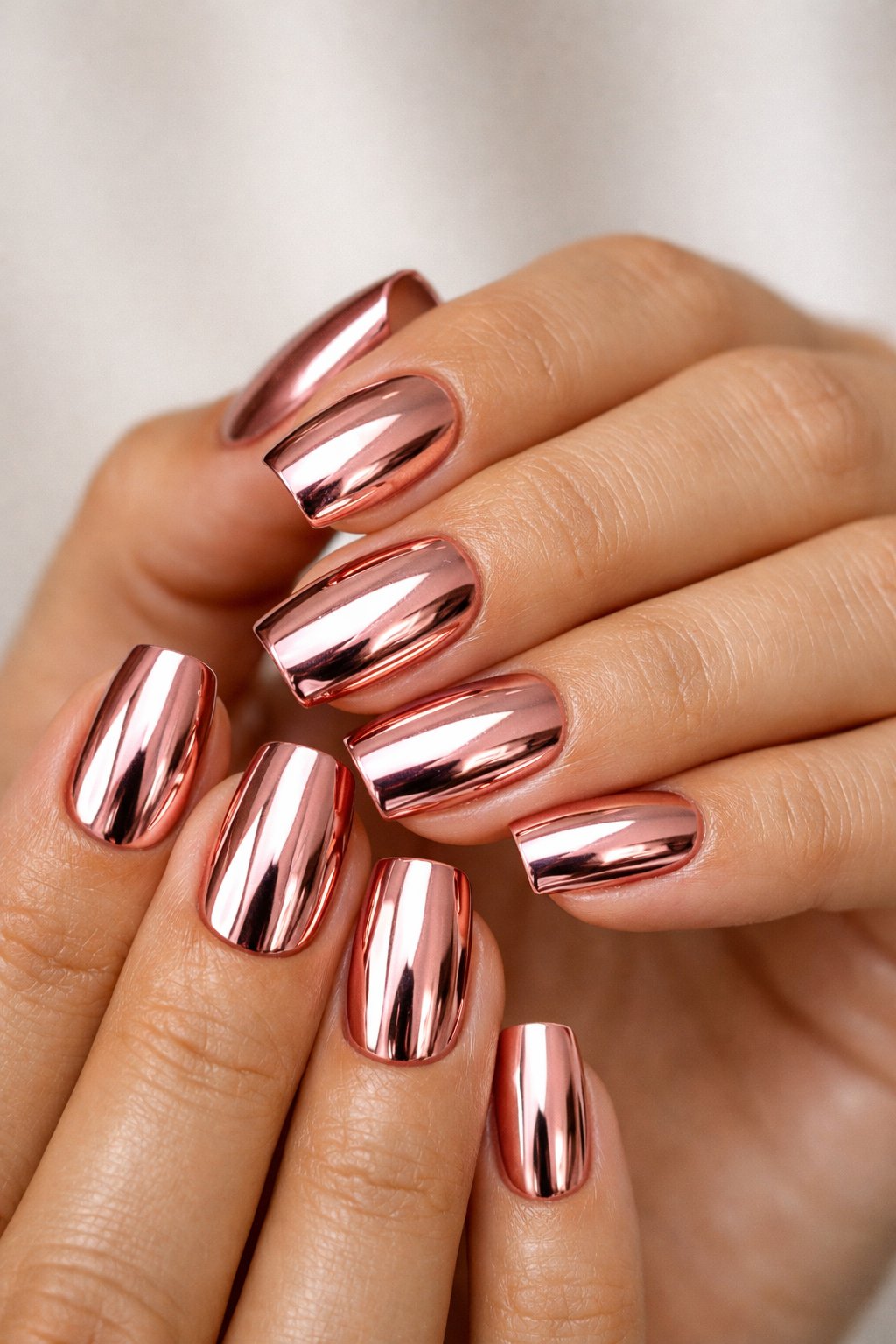 Close-up of a woman's hands with shiny rose gold chrome nails against a neutral background.