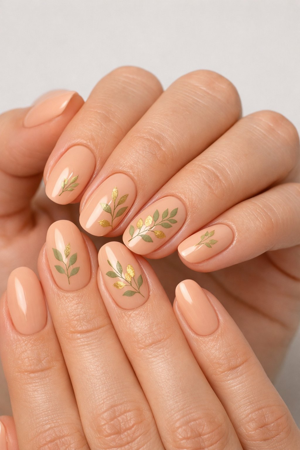 Close-up of hands with soft peach nails decorated with delicate leaf designs.