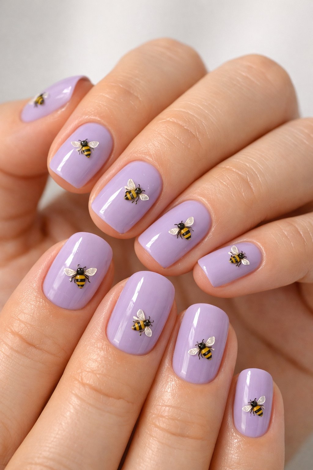 Close-up of hands with lavender-painted nails decorated with small bee decals.