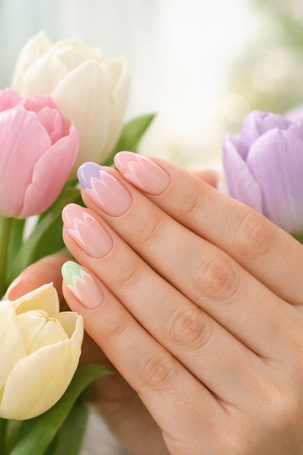 Close-up of hands with pastel-colored tulip tip nail art holding pastel tulip flowers.