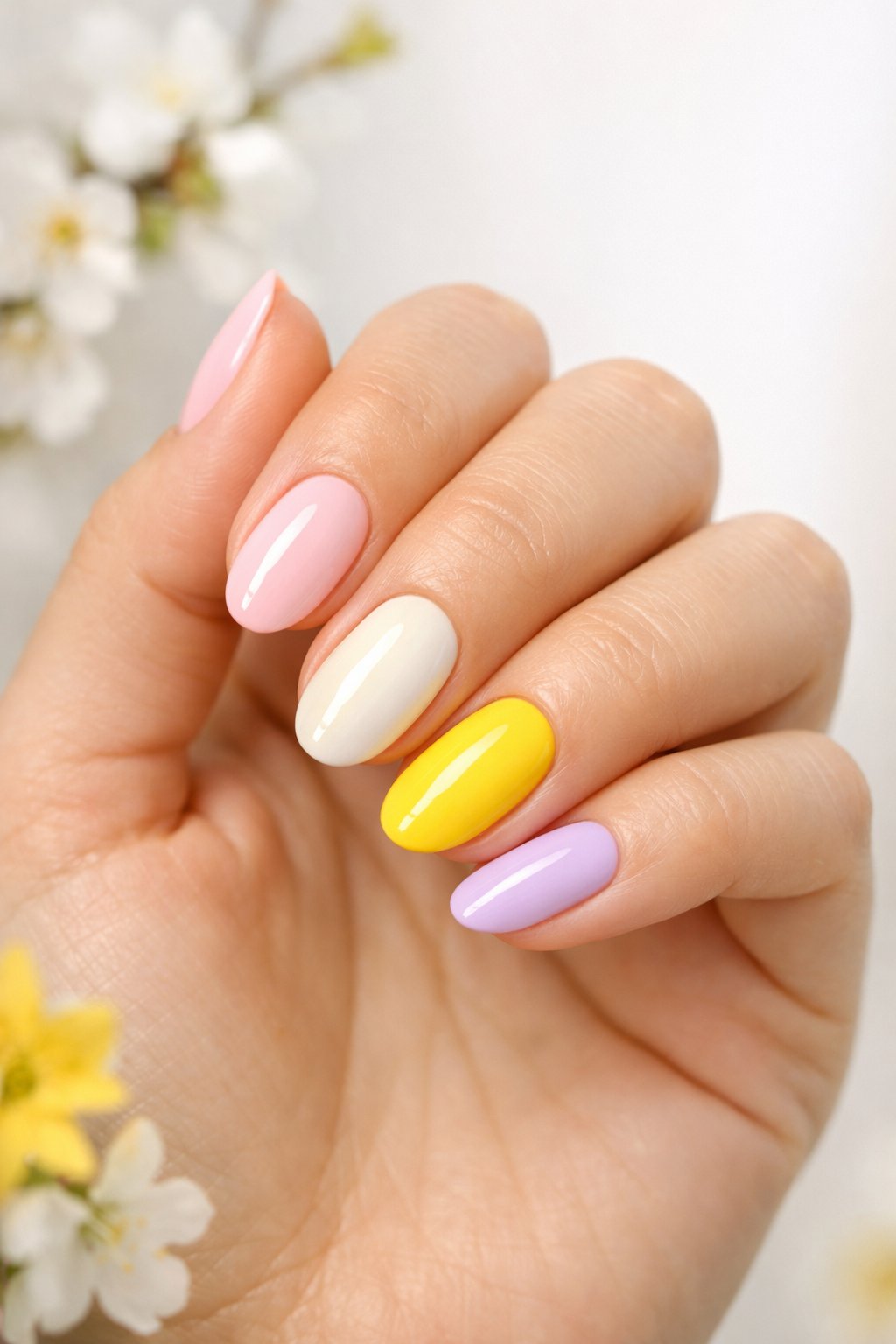 Close-up of a woman's hand with yellow accent nails and pastel-colored nails against a soft spring background.