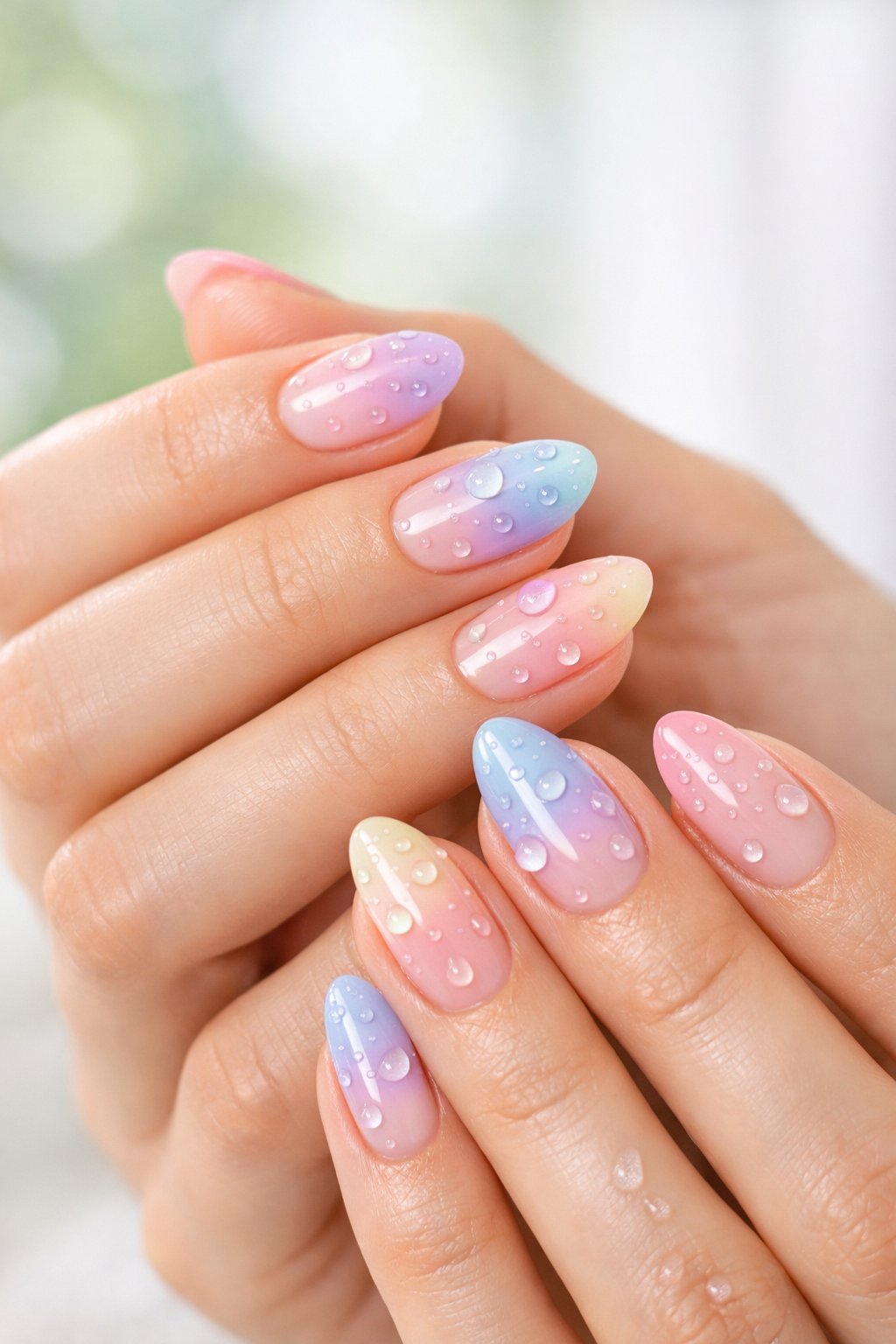 Close-up of hands with nails painted in a soft gradient with tiny water droplet details.