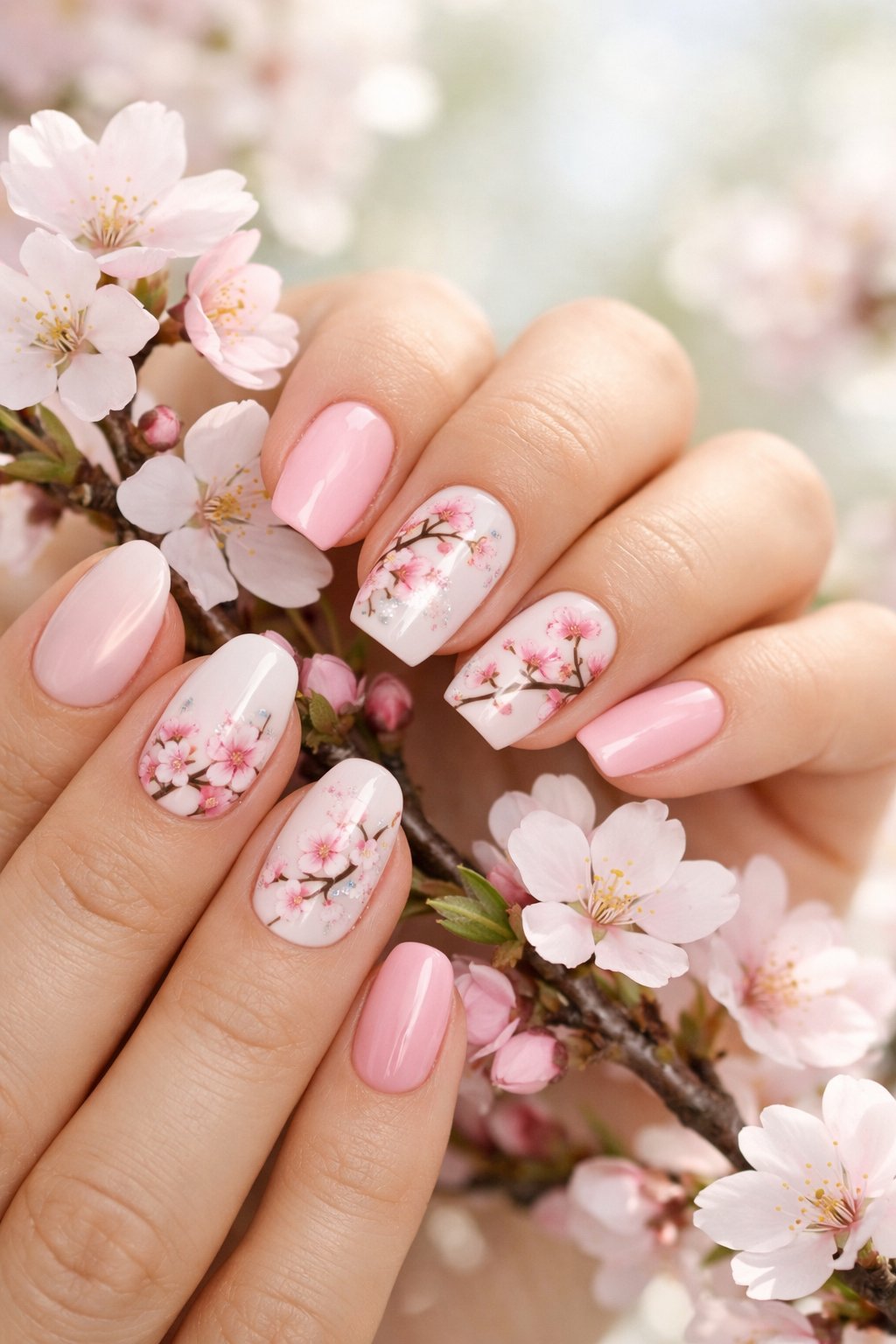 Close-up of hands with cherry blossom themed nail art holding cherry blossom branches.