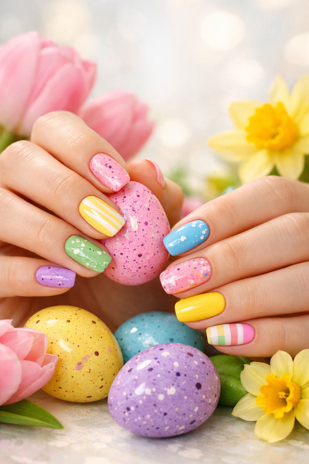 Close-up of hands with colorful Easter-themed nail art surrounded by Easter eggs and spring flowers.