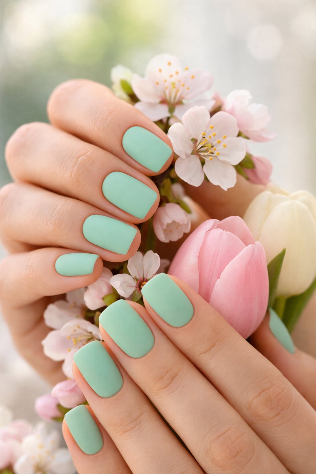 Close-up of hands with mint green matte nails holding spring flowers.