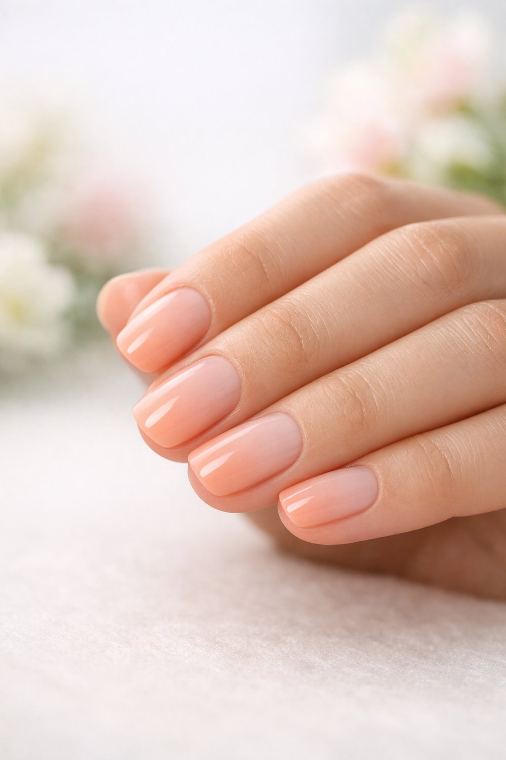 Close-up of a hand with soft peach French fade nails resting on a light background with blurred spring flowers.