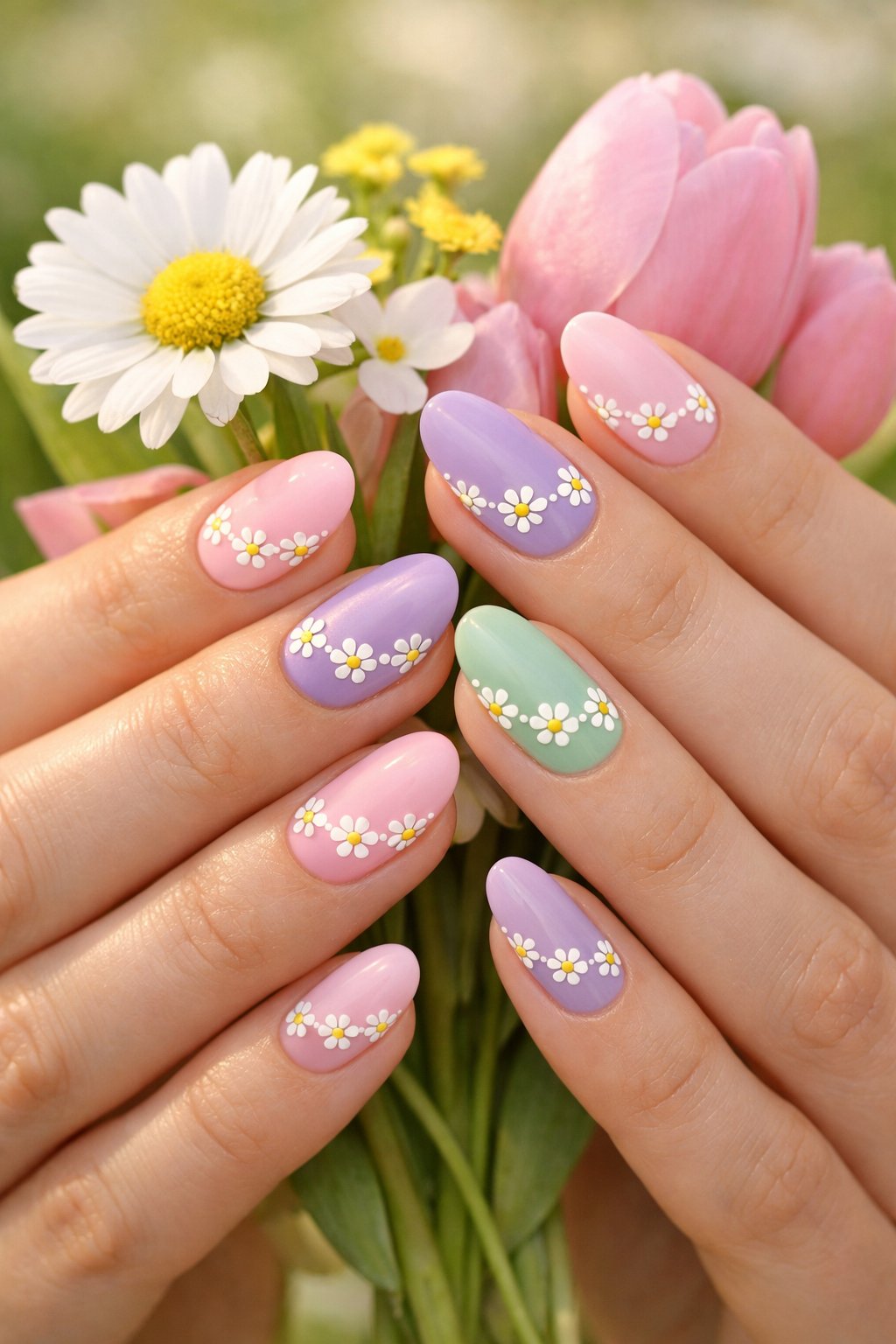 Close-up of hands with pastel-colored nails decorated with white daisy chain patterns, holding spring flowers.