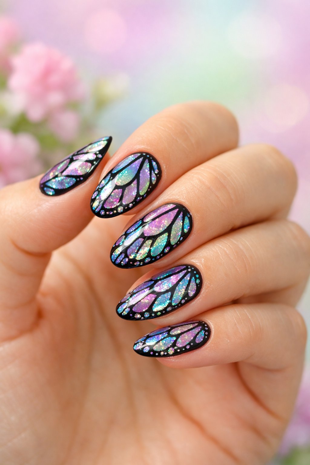 Close-up of a woman's hand with holographic butterfly wing nail designs in spring colors.