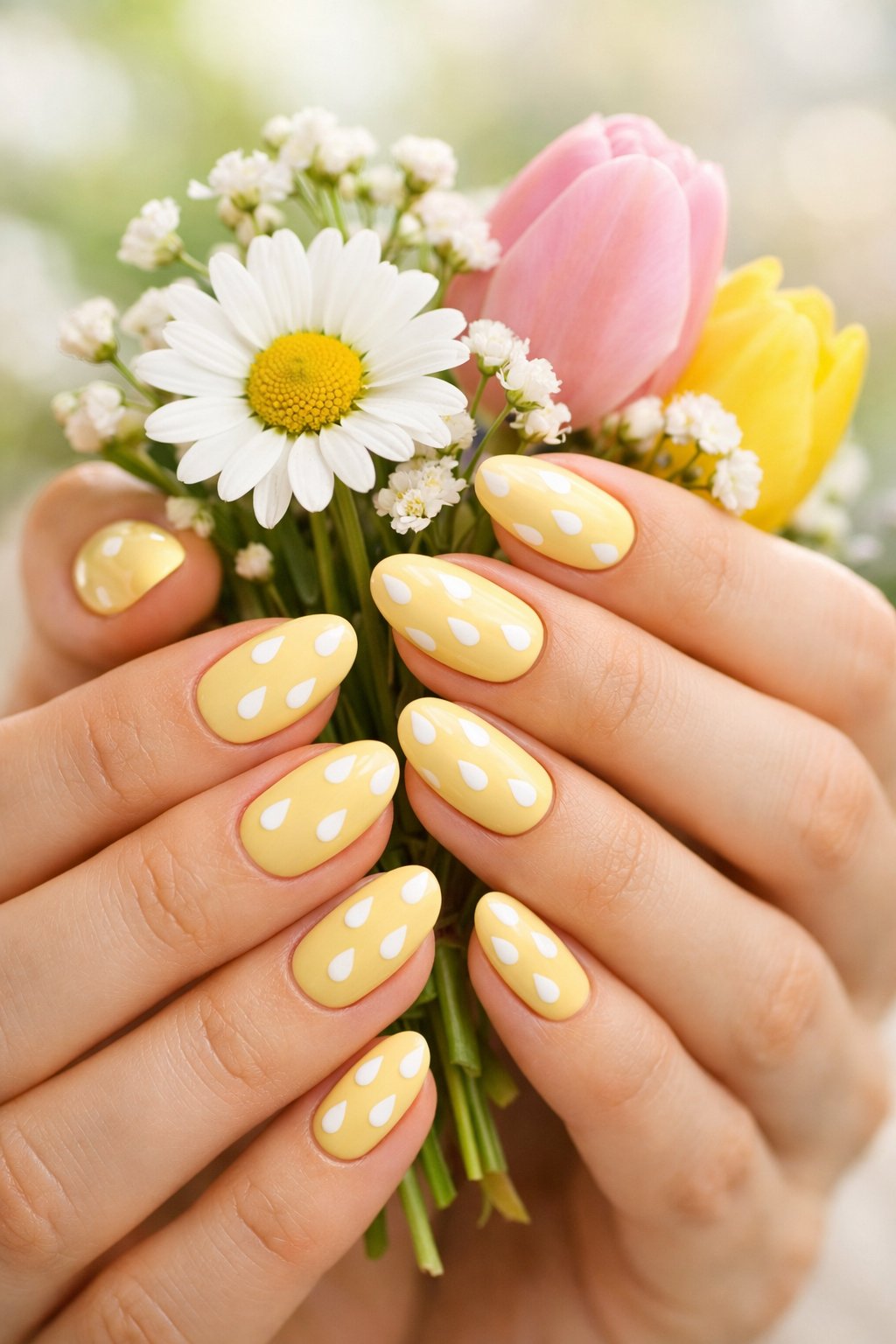 Close-up of hands with yellow nails decorated with white lemon drop polka dots holding a small bouquet of spring flowers.