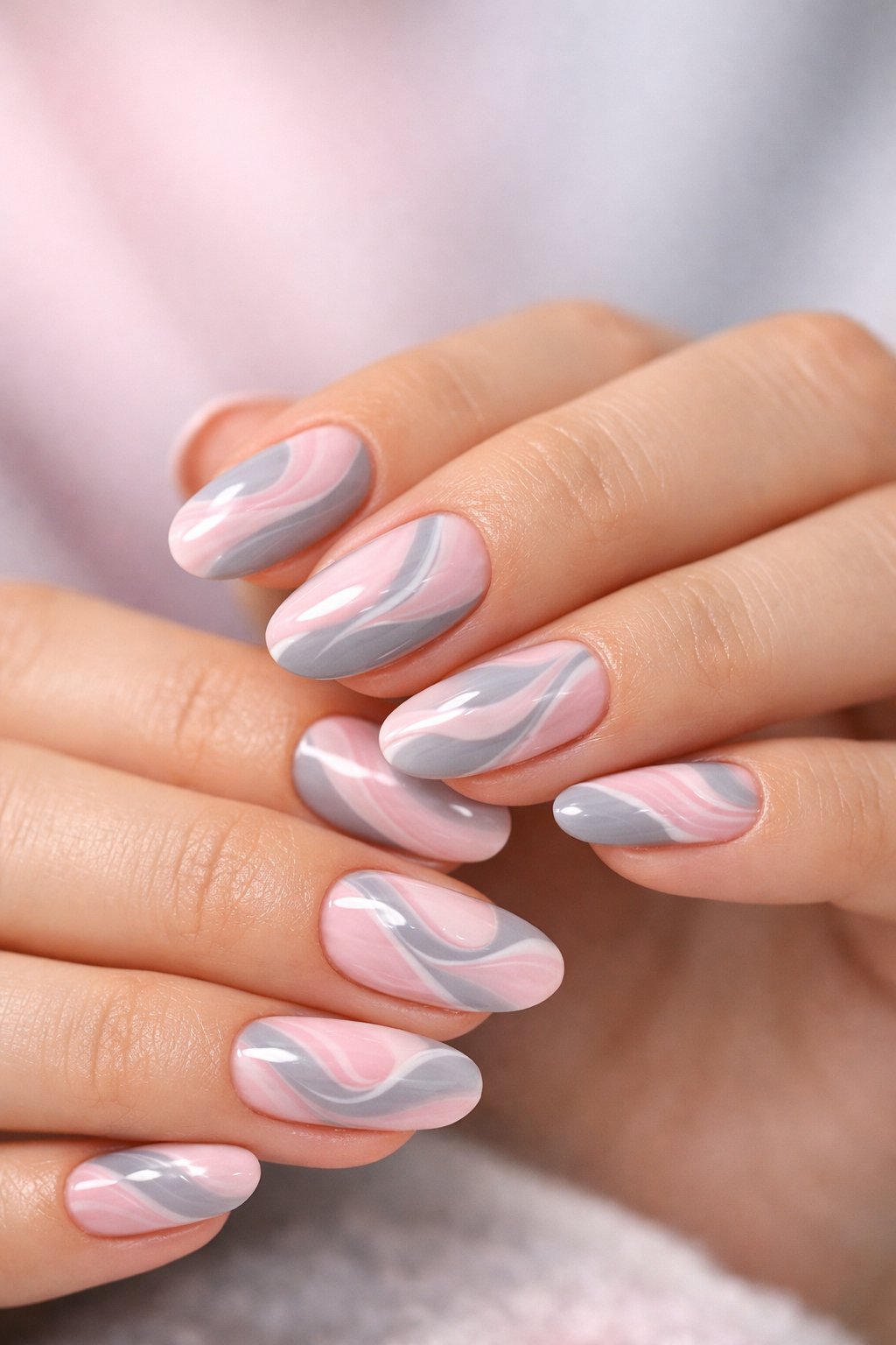 Close-up of hands with nails painted in soft pink and grey swirl patterns.