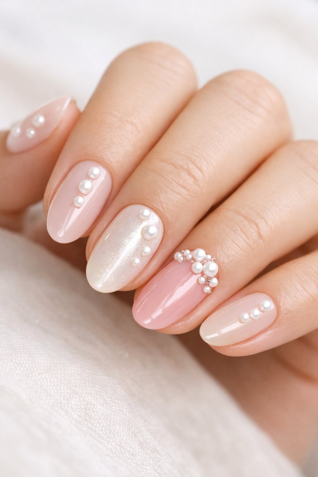 Close-up of a woman's hand with pastel-colored nails decorated with small pearls resting on a neutral surface.