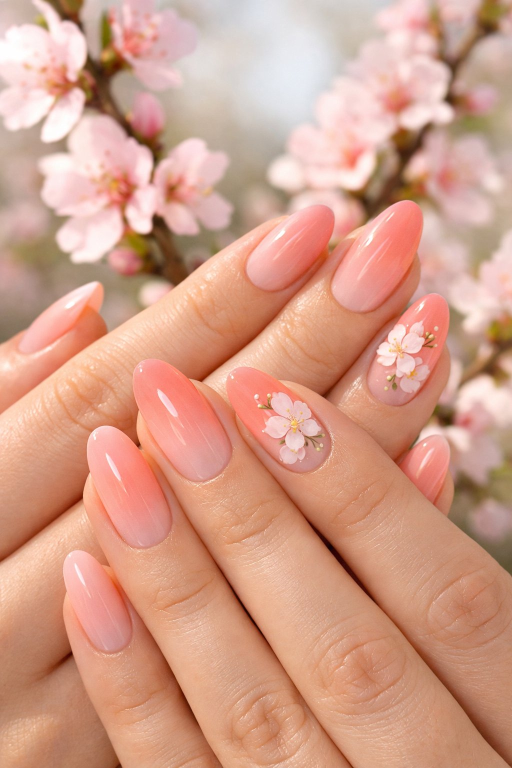 Close-up of hands with peach blossom gradient nail art against a background of blooming peach blossom branches.