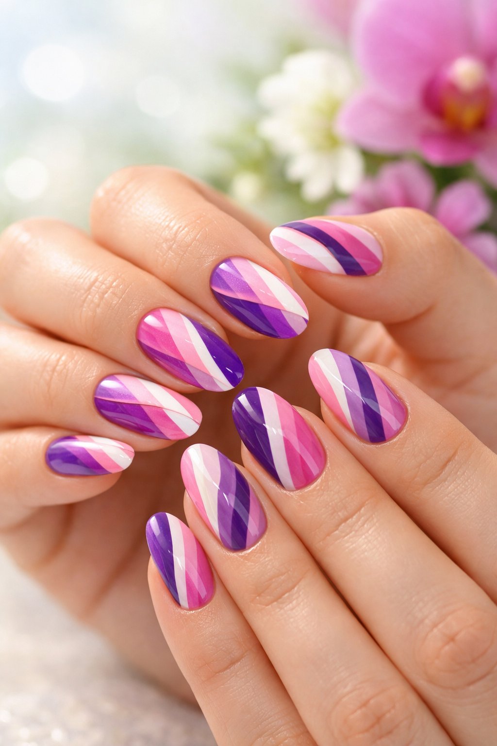 Close-up of hands with colorful striped nail art inspired by orchid flowers, set against a soft background with spring flowers.