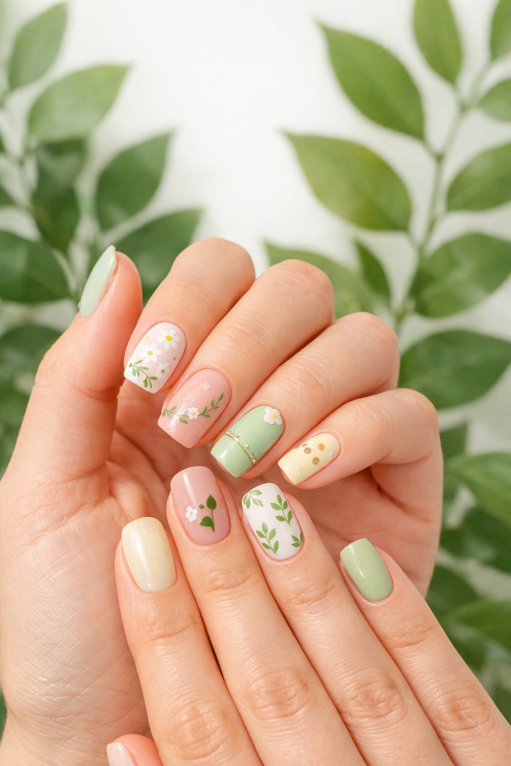Close-up of hands with spring-themed nail art in front of green leaf silhouettes.