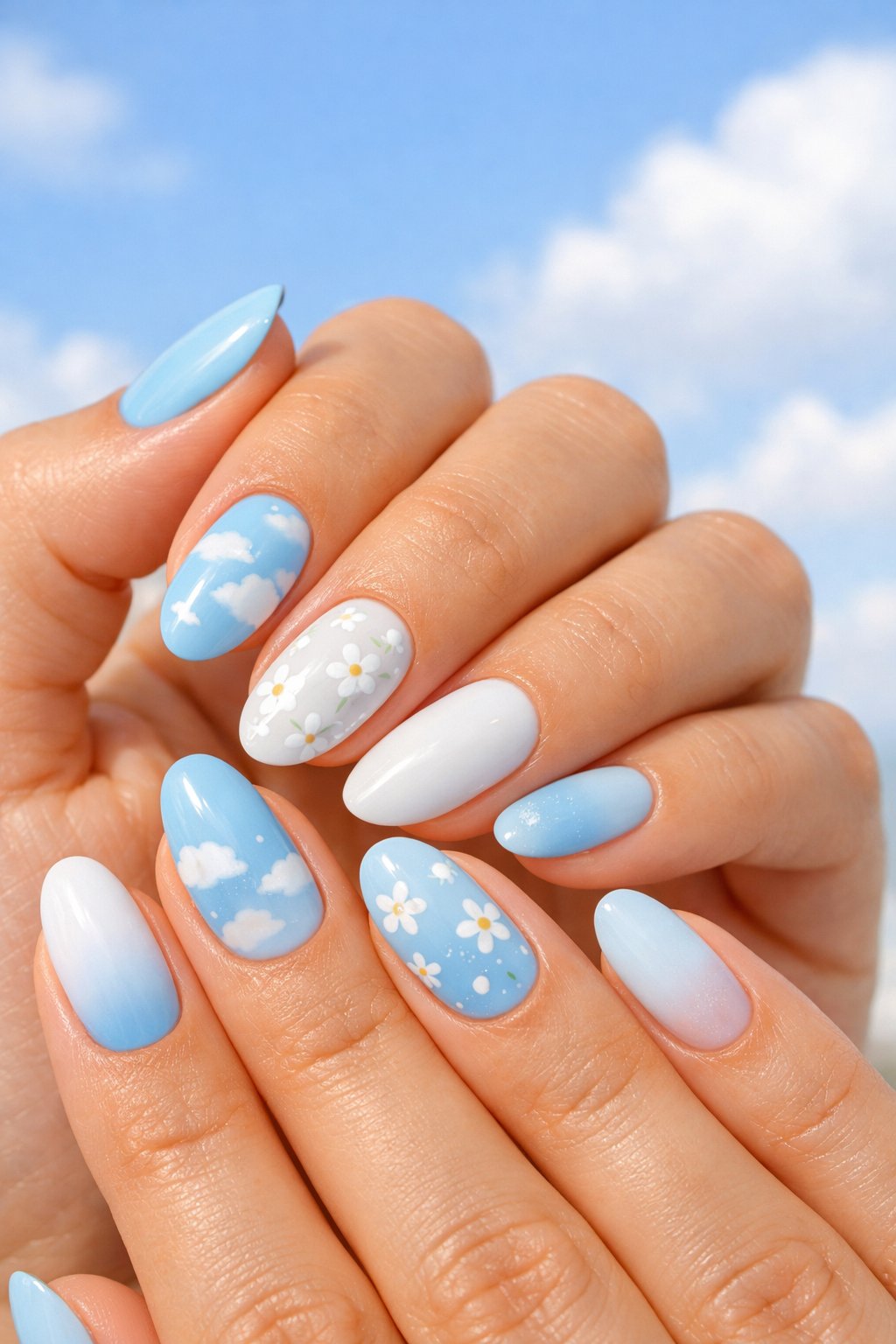Close-up of hands with baby blue and white nails featuring cloud and floral designs against a soft sky-like background.