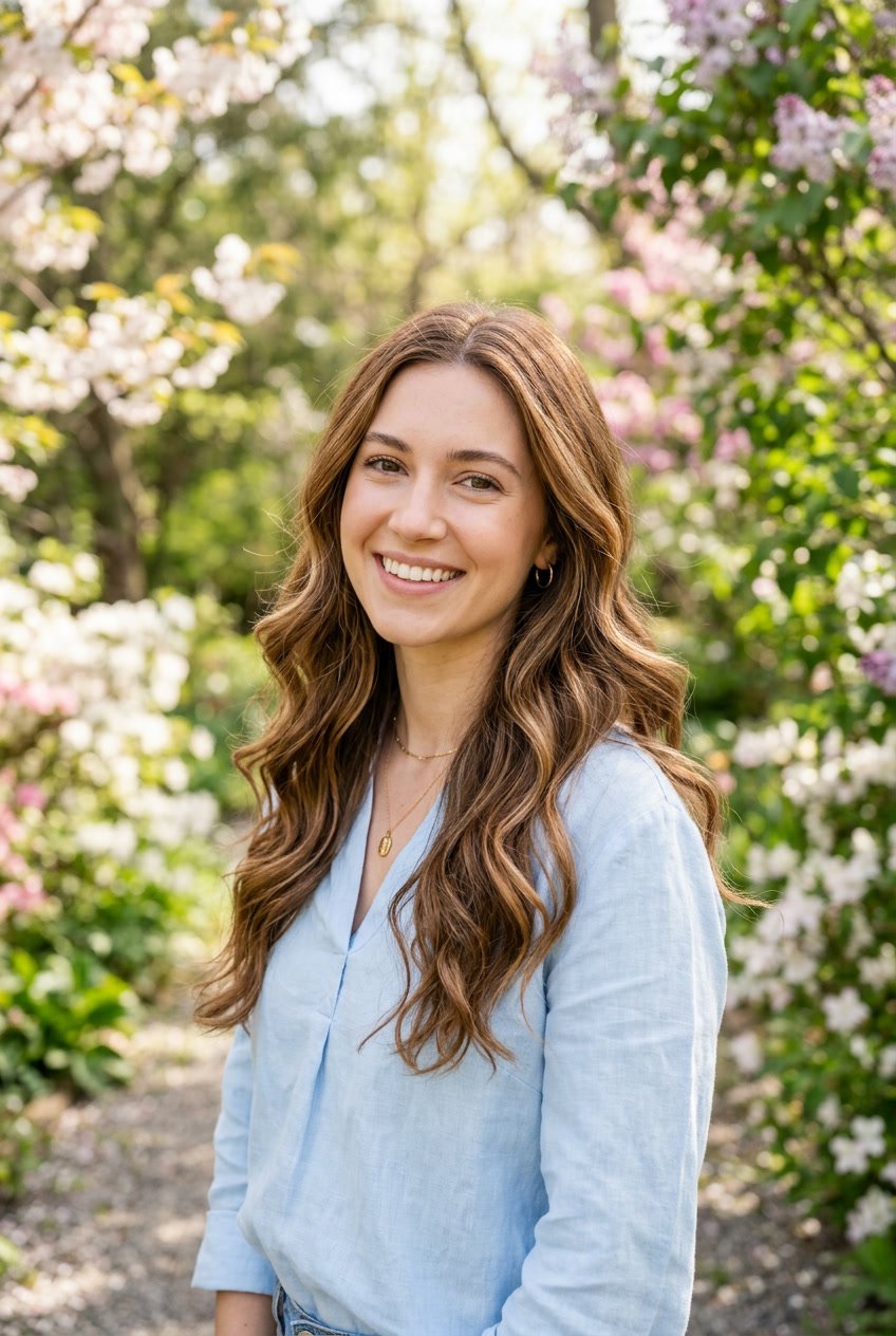 A woman with honey butter brown hair and subtle caramel highlights stands outdoors surrounded by spring greenery and flowers.