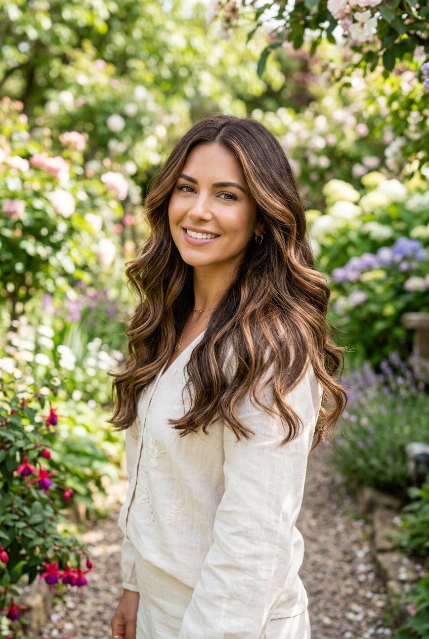 A woman outdoors with brown hair featuring caramel highlights, standing in front of greenery and flowers.