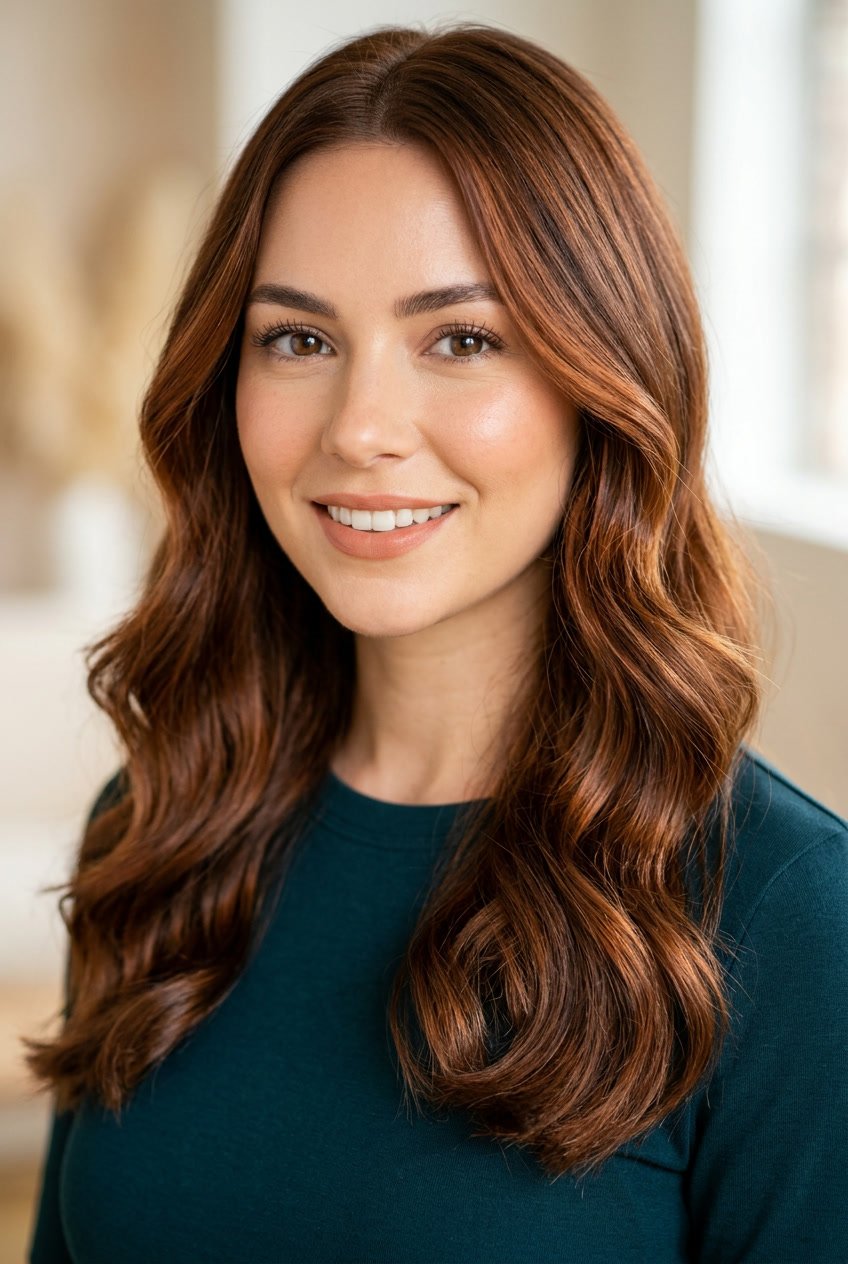 A woman with warm chestnut brown hair featuring a soft copper glow, smiling gently against a softly blurred background.