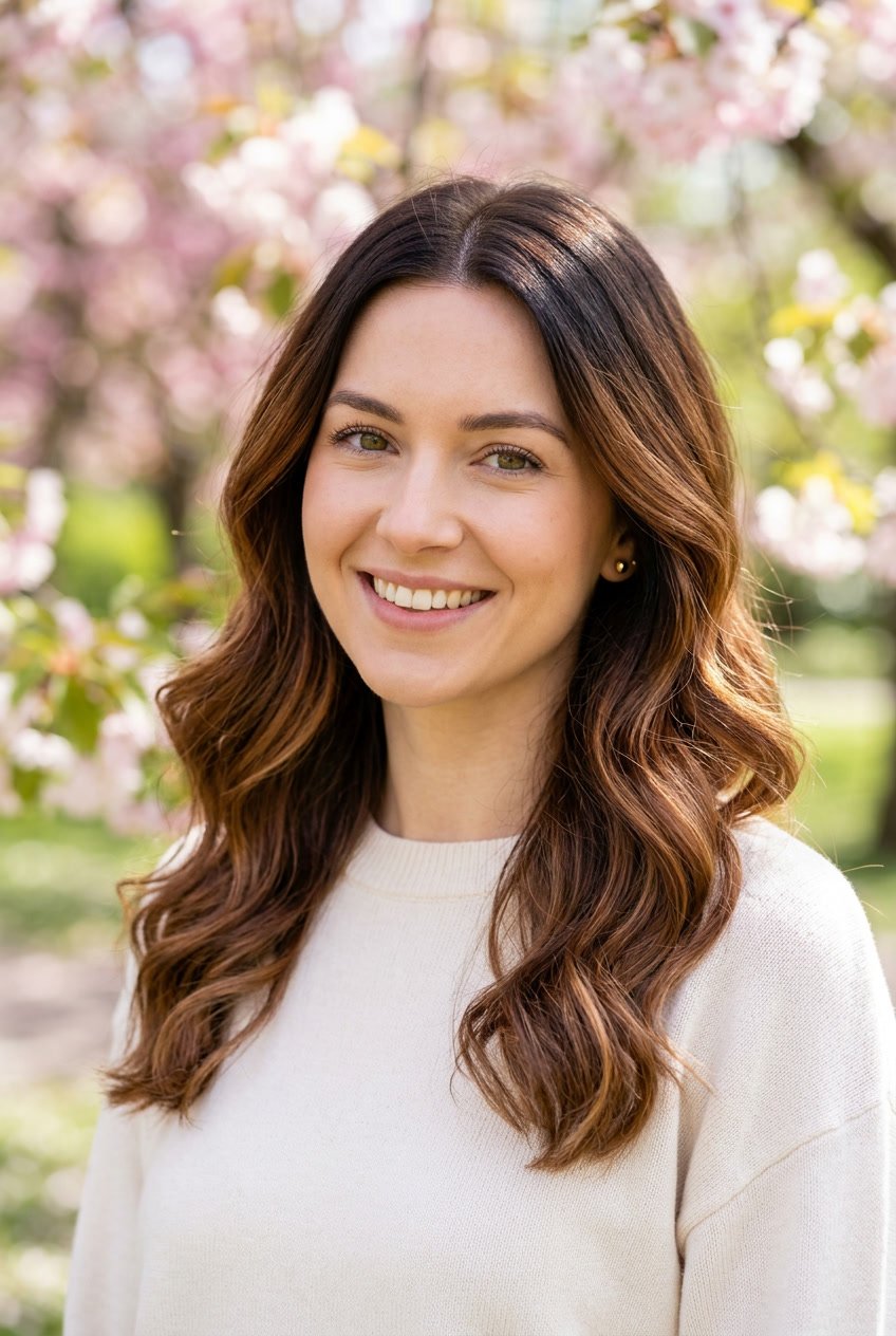 Close-up of a woman with warm chestnut ombre hair outdoors in spring light with blurred greenery in the background.