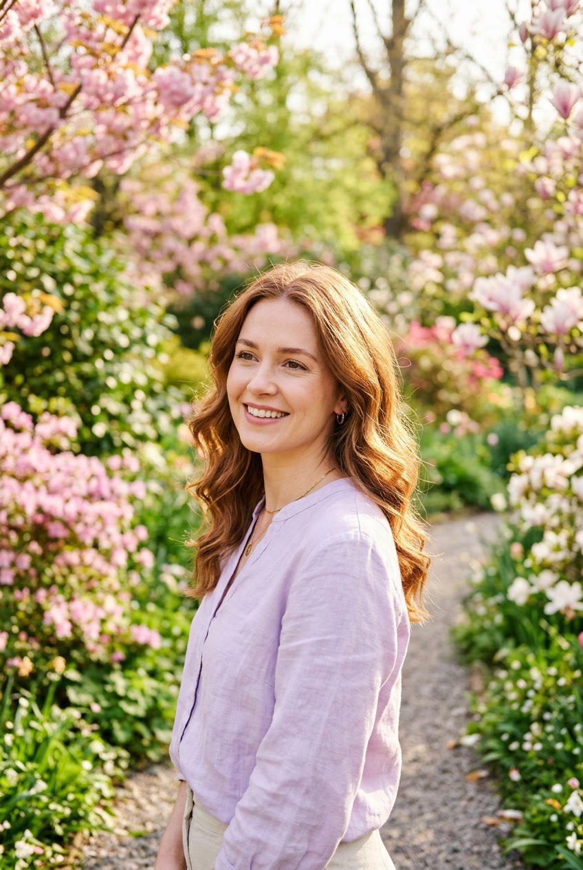 A woman with light auburn brown hair smiling outdoors surrounded by spring flowers and greenery in sunlight.
