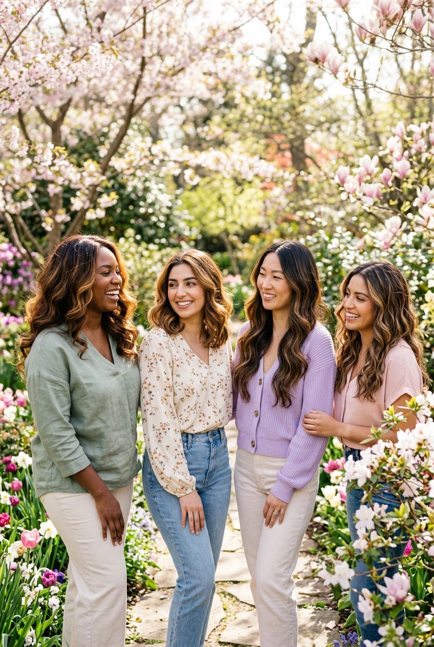 A group of women outdoors with honey brown highlighted brunette hair, smiling and enjoying a spring day surrounded by flowers and greenery.