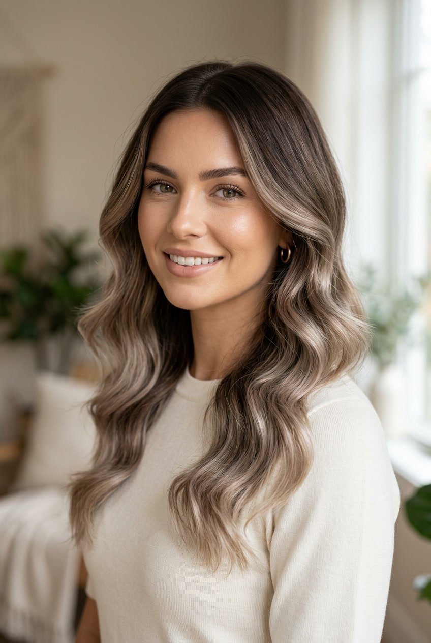 Close-up of a woman with mocha brown hair and ashy blonde tips, styled in loose waves, looking confidently at the camera.