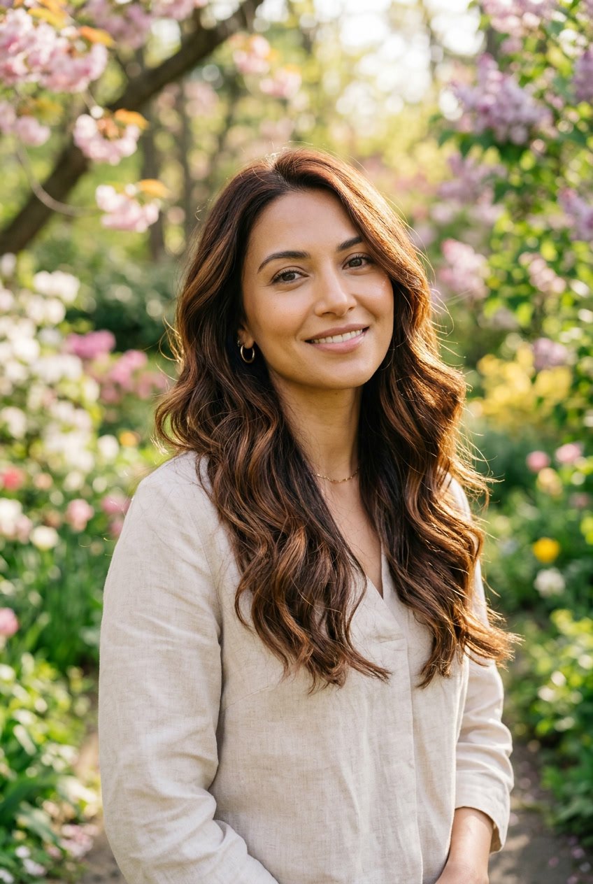 A woman with mocha brown hair and subtle auburn highlights outdoors surrounded by spring flowers and greenery.