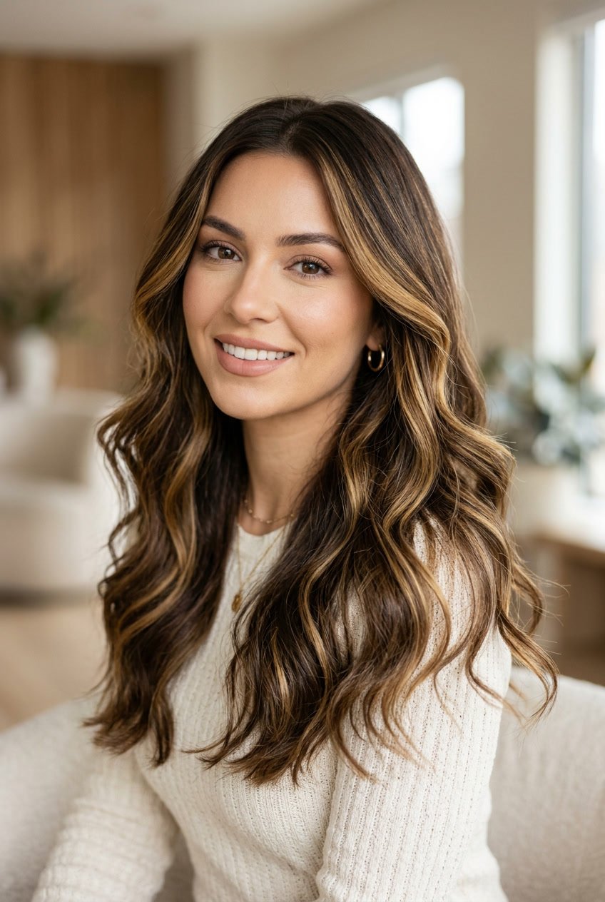 Close-up portrait of a woman with brown hair and golden highlights, smiling softly against a blurred neutral background.