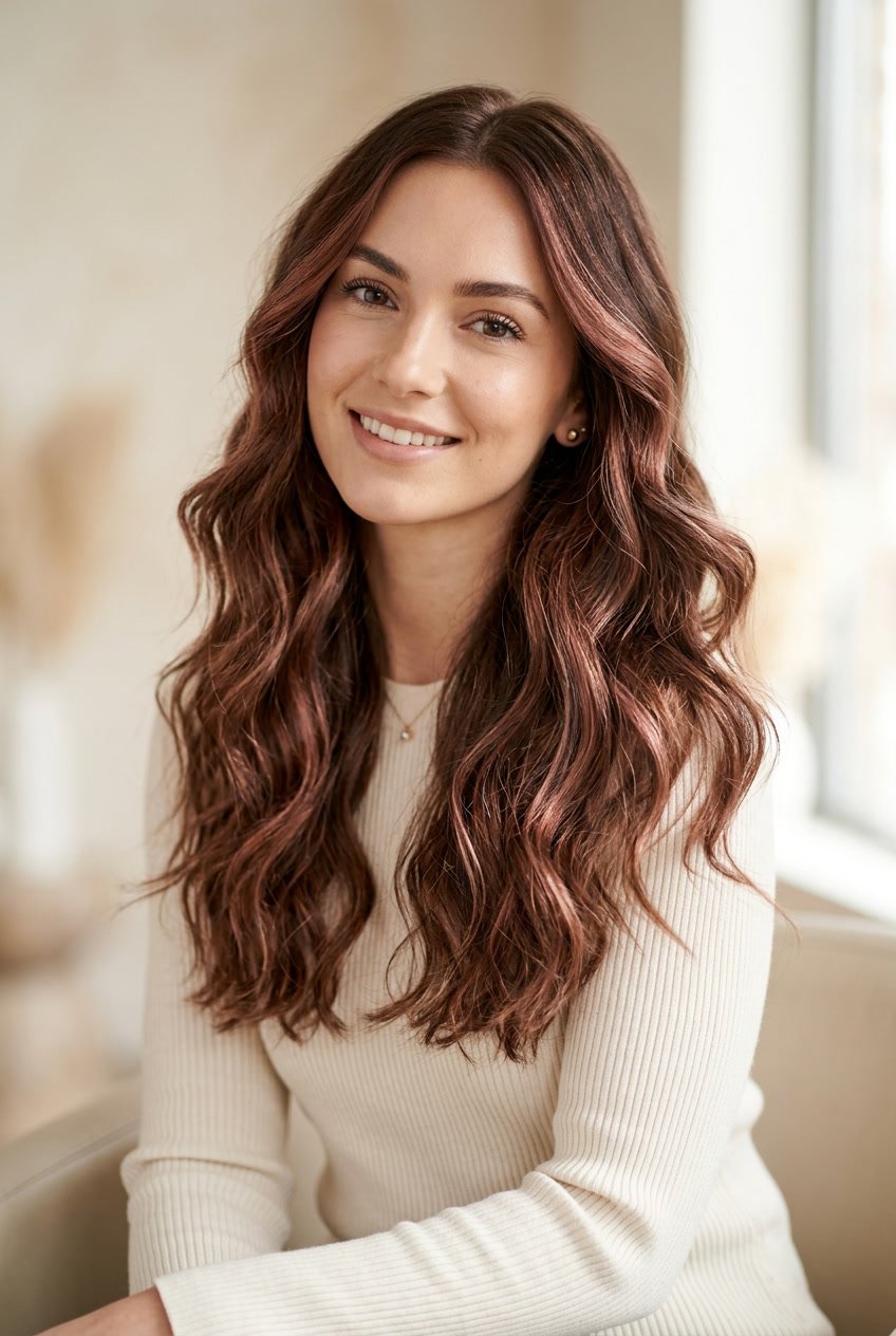 A woman with chestnut brown hair featuring rose gold highlights, styled in loose waves, looking confidently at the camera.