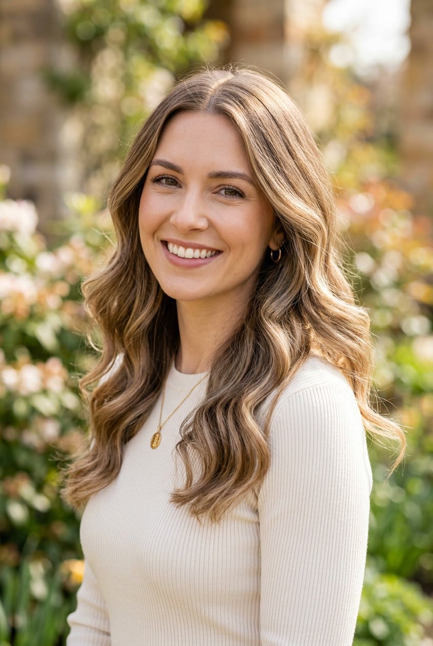 A woman with sandy brown hair and blonde lowlights styled in soft waves, smiling against a neutral background.