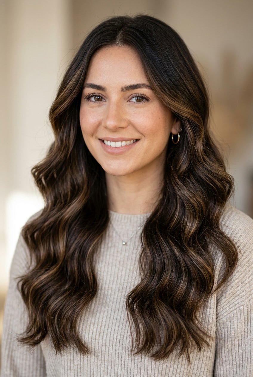 Close-up of a woman with smooth espresso brown hair and light brown lowlights, smiling gently with loose waves over her shoulders.