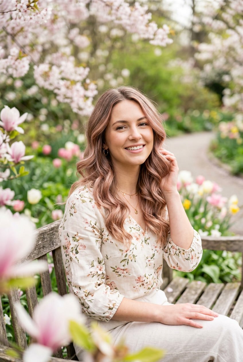 A woman with light ash brown hair and rose gold highlights standing outdoors among blooming flowers and greenery.