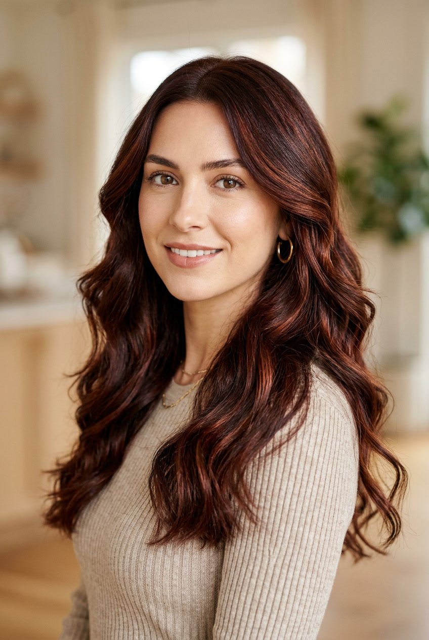 Close-up of a woman with deep mahogany brunette hair and copper highlights, softly wavy and shiny.