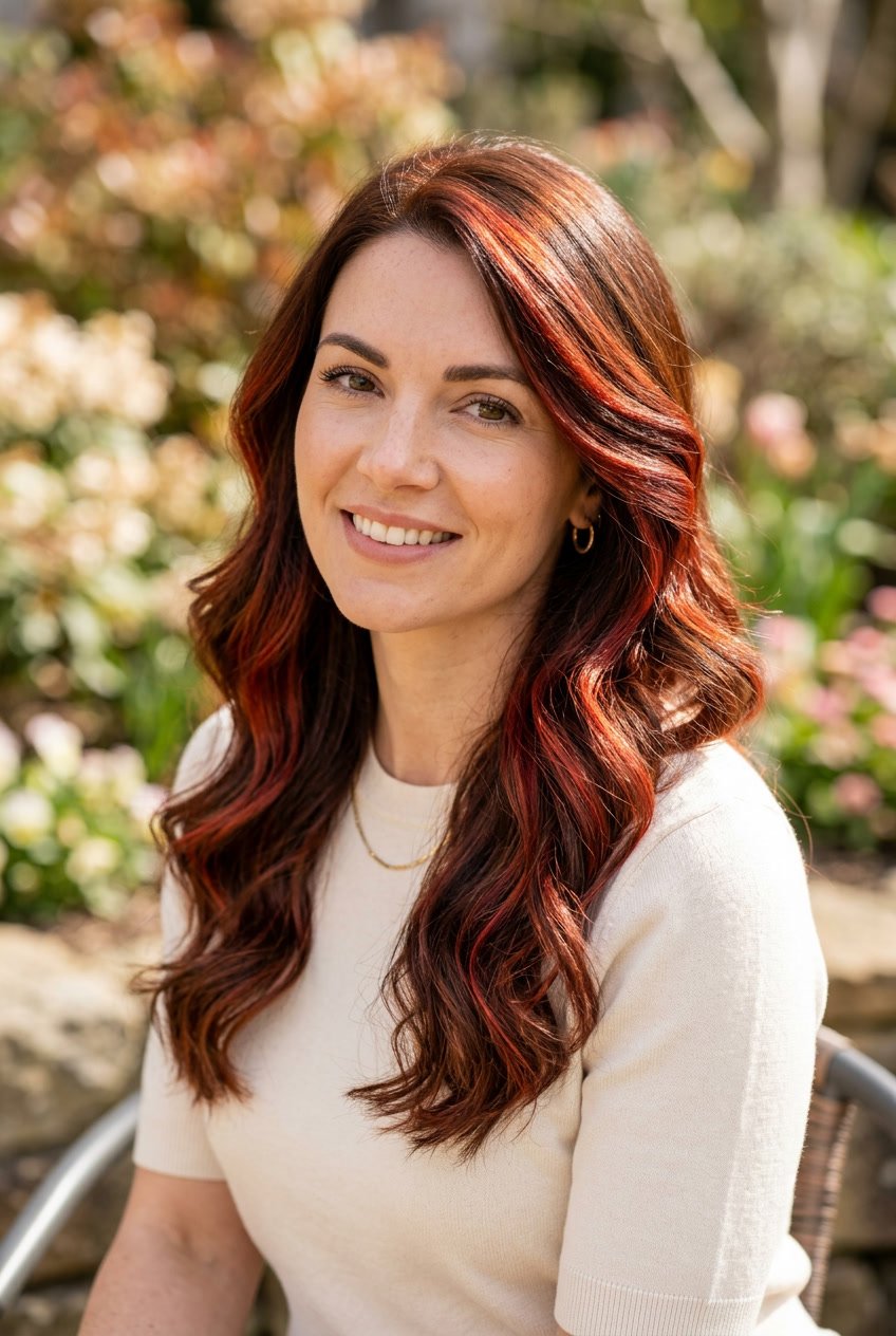 Close-up portrait of a woman with wavy brown hair featuring red highlights, smiling gently against a blurred warm background.