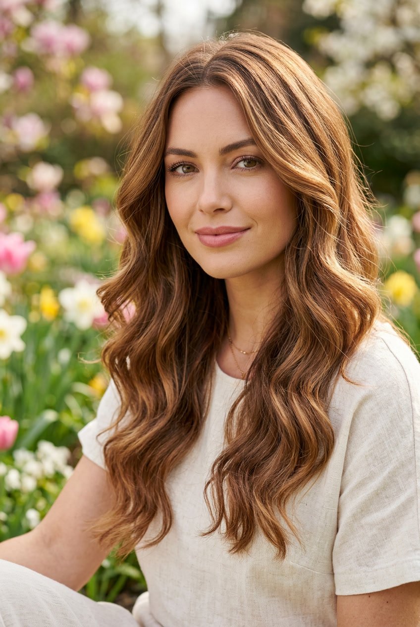 Close-up of a woman with wavy caramel brown hair with cinnamon highlights outdoors among spring flowers.