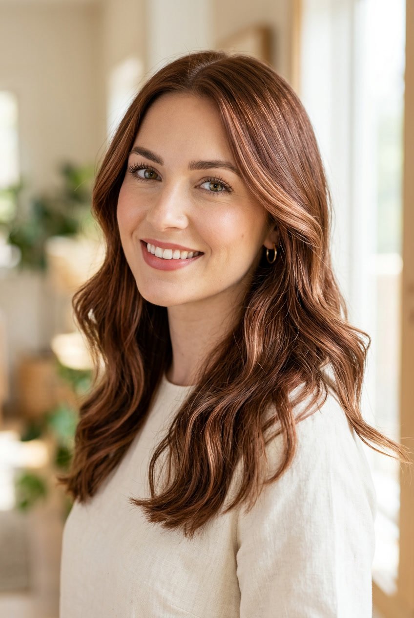 Close-up of a woman with light mahogany brown hair with subtle strawberry highlights, smiling softly against a neutral background.