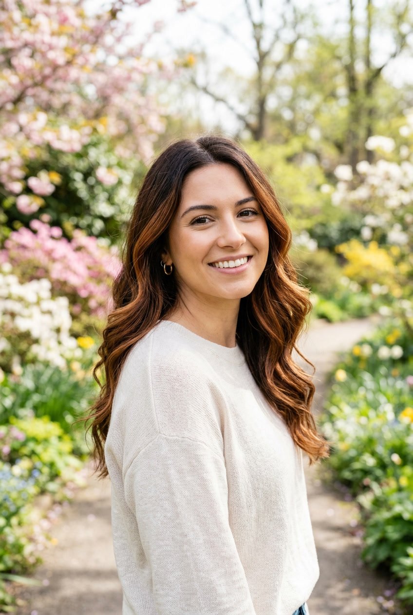 A woman with medium-length brunette hair featuring warm burnt sienna highlights, smiling outdoors with greenery and flowers in the background.