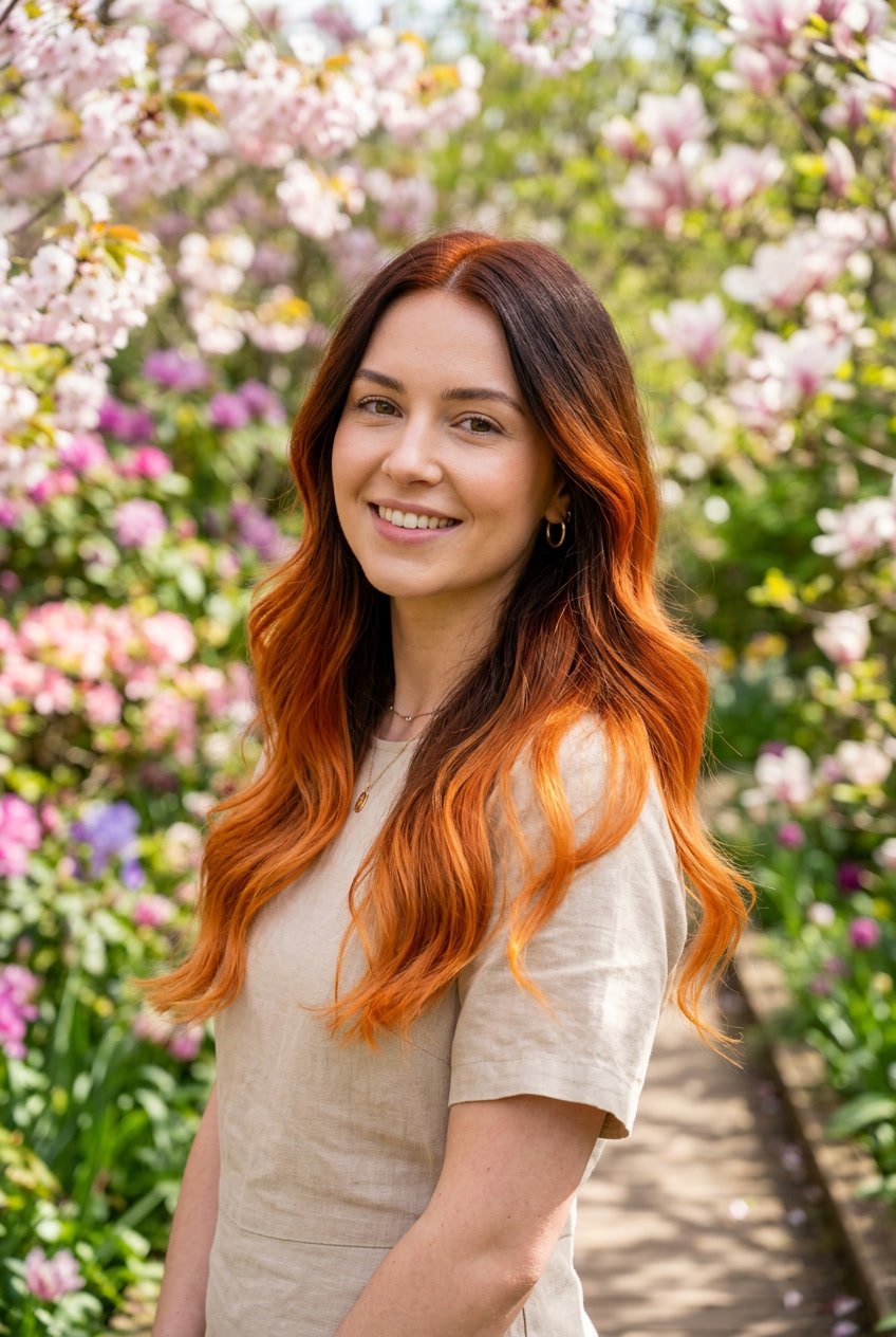A young woman with deep brown hair fading into bright tangerine, standing outdoors with spring flowers in the background.