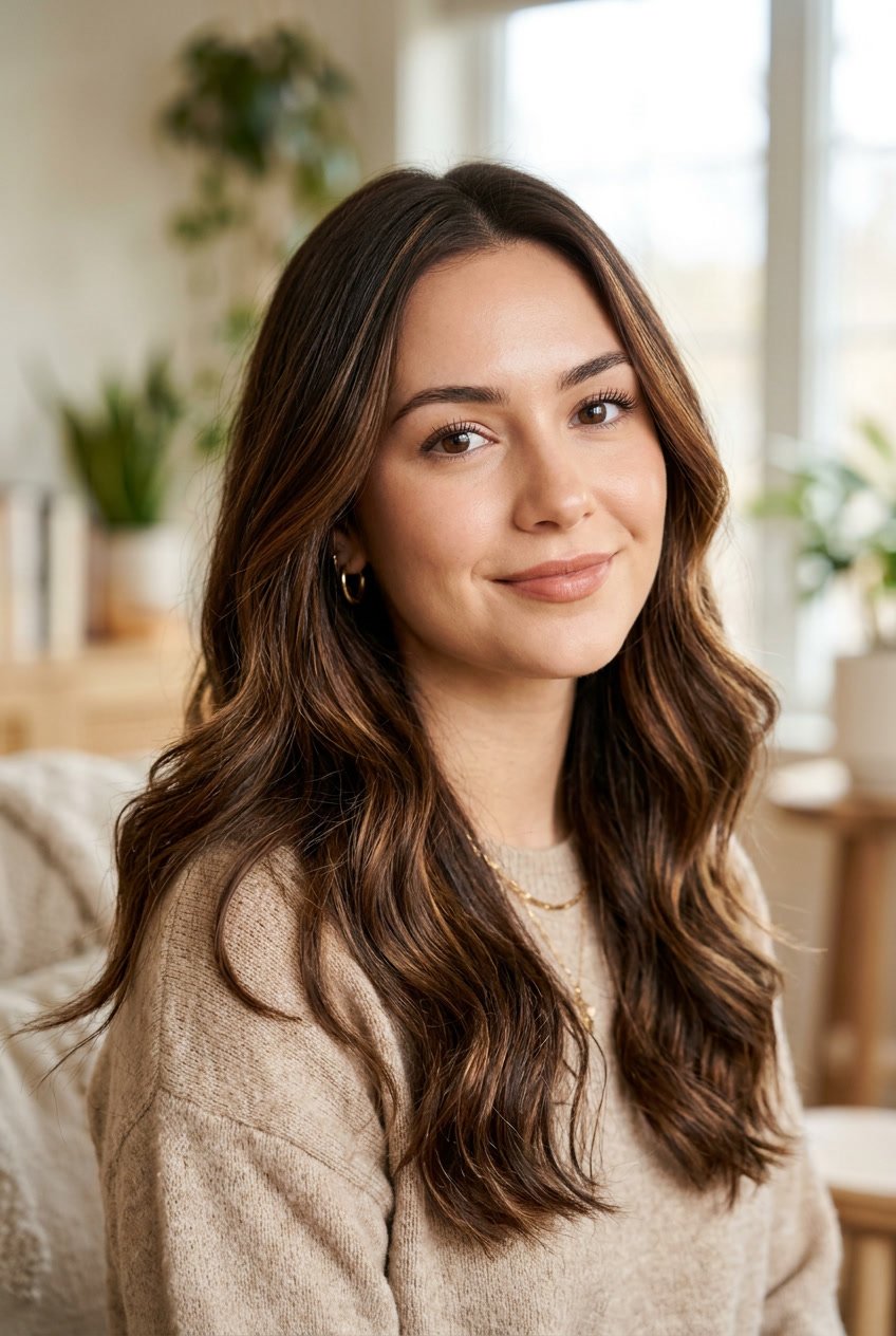 Close-up portrait of a woman with chestnut brown hair and caramel highlights, smiling softly against a neutral background.