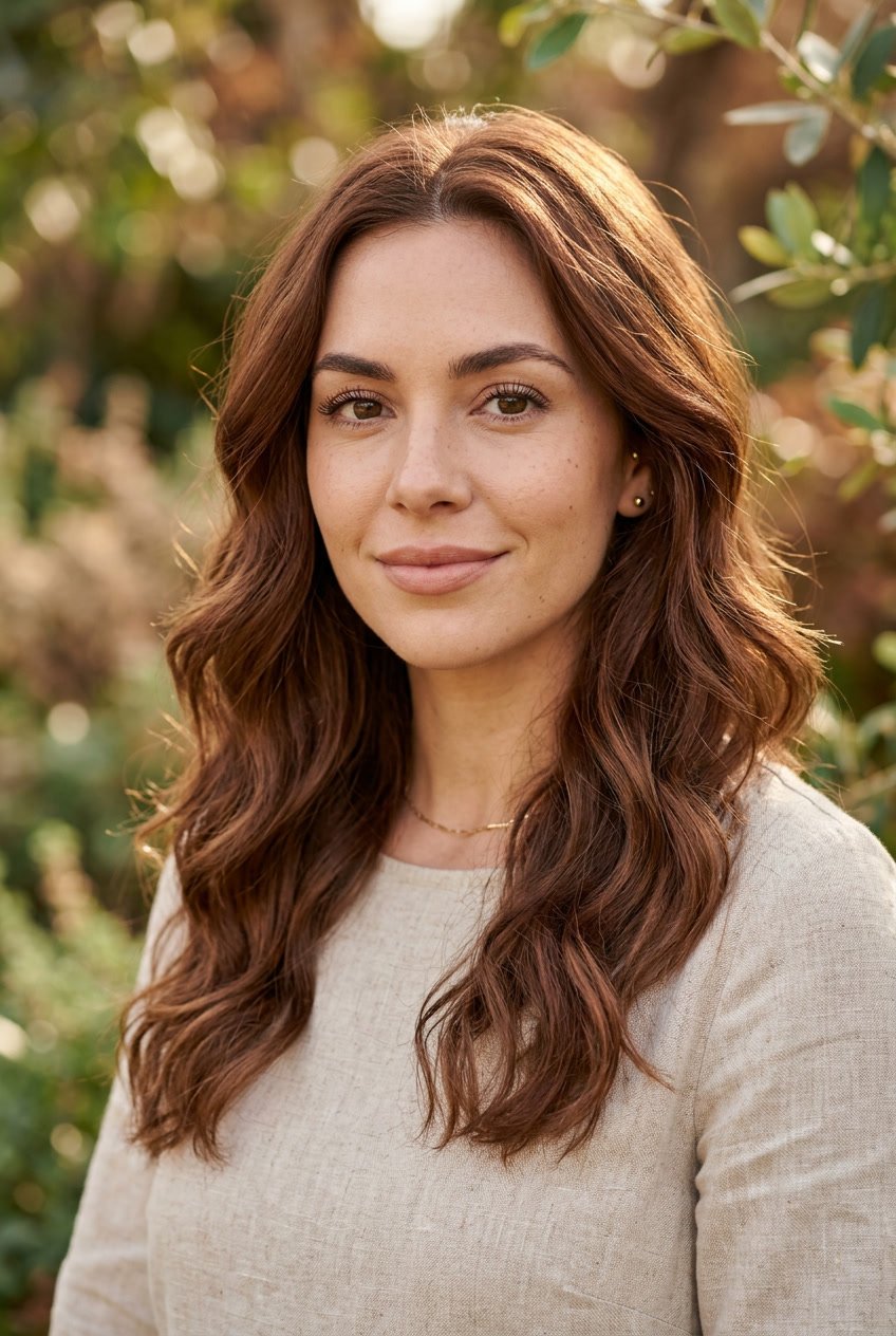 Close-up portrait of a woman with muted sienna brown hair styled in soft waves, set against a blurred natural background.