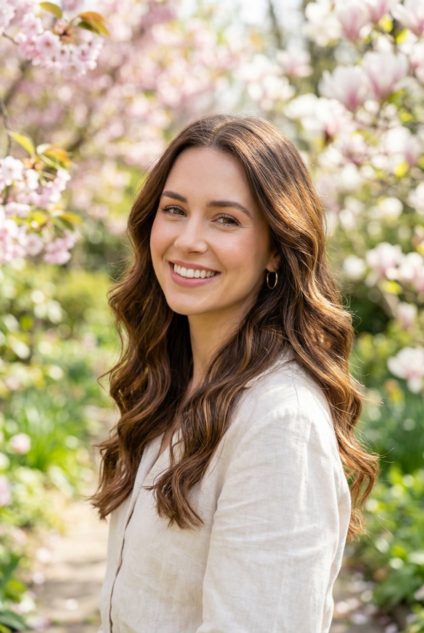 A woman outdoors with mink brown wavy hair and warm highlights, surrounded by spring flowers and greenery.