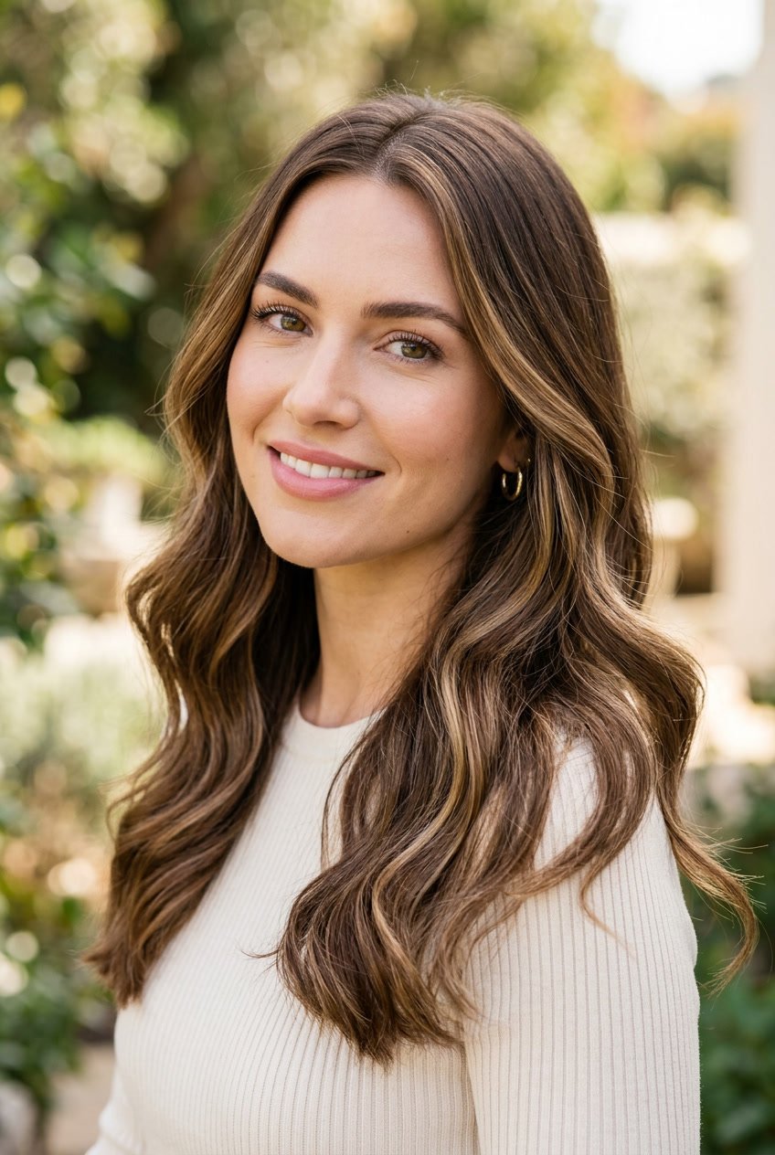 A woman with milk chocolate brown hair and blonde highlights smiling gently against a neutral background.