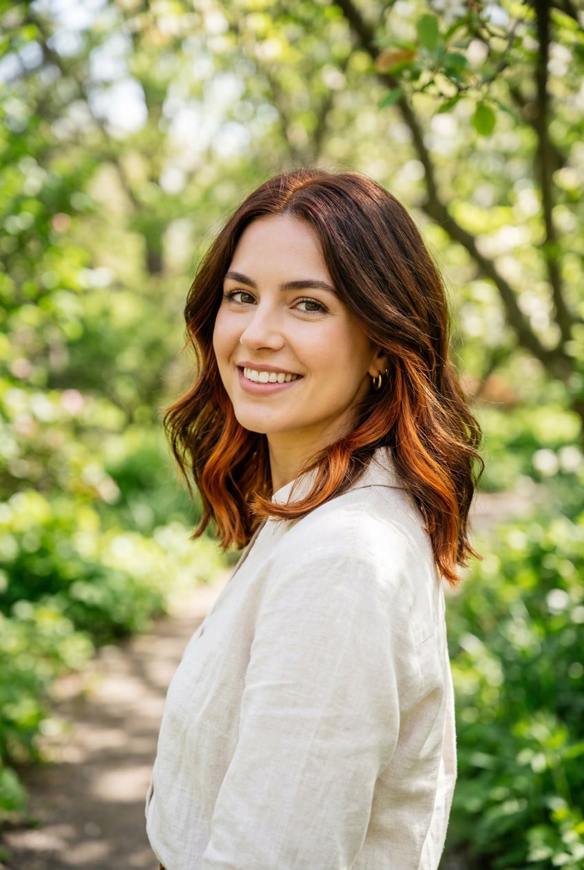 Young woman with shoulder-length brunette hair and copper highlights smiling outdoors in a spring setting.